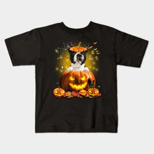 Black Boston Terrier Spooky Halloween Pumpkin Dog Head Kids T-Shirt